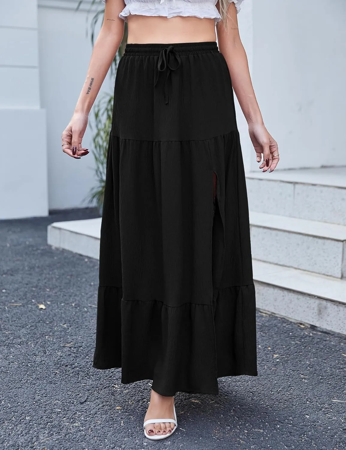 Newchoice Women's Flowy Maxi Skirt with Slit Elastic High Waisted Casual Summer Long Skirts