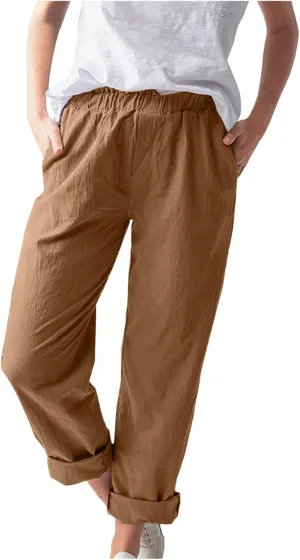 niuwa Cotton Linen Trousers for Women Elastic Waist Solid Color Casual Pants with Pockets Summer Boho Pants (Orange, L)