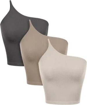 ODODOS One Shoulder Crop Cami Tank for Women Seamless Ribbed Asymmetric Cropped Tops