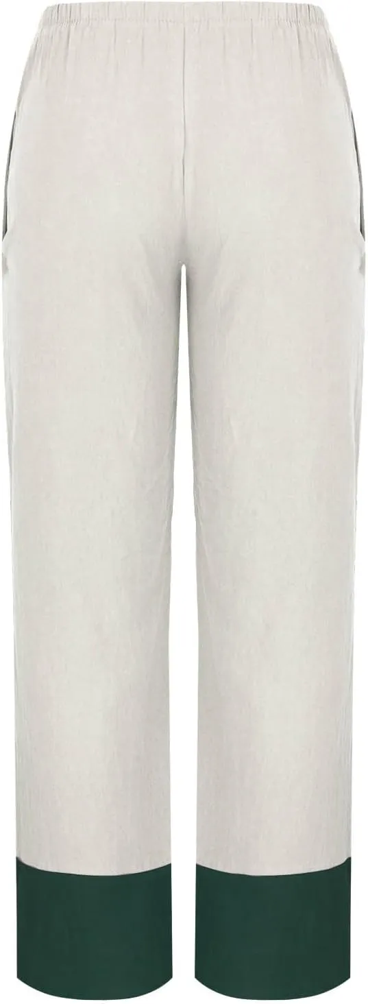 Oplxuo Cotton Linen Pants for Women Trendy Color Block Patchwork Casual Summer Comfy Baggy Trousers Lounge Pants with Pockets