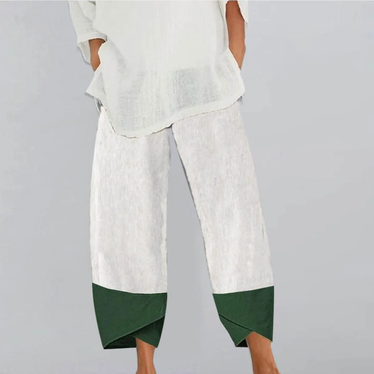 Oplxuo Cotton Linen Pants for Women Trendy Color Block Patchwork Casual Summer Comfy Baggy Trousers Lounge Pants with Pockets