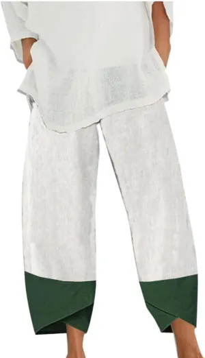 Oplxuo Cotton Linen Pants for Women Trendy Color Block Patchwork Casual Summer Comfy Baggy Trousers Lounge Pants with Pockets
