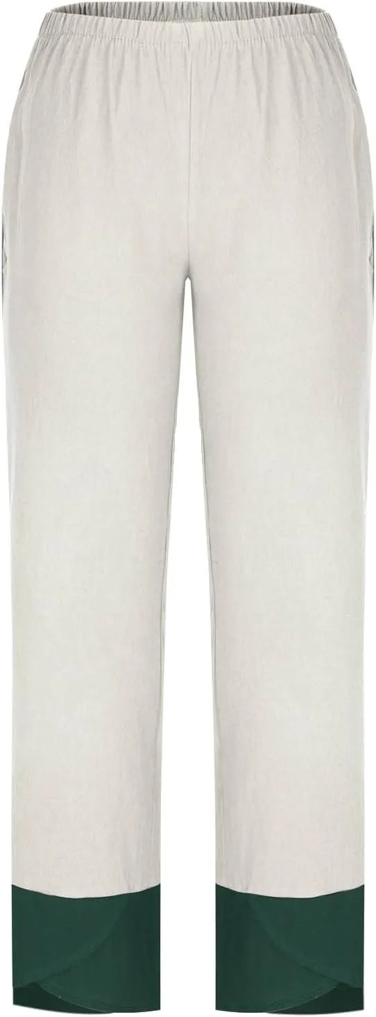 Oplxuo Cotton Linen Pants for Women Trendy Color Block Patchwork Casual Summer Comfy Baggy Trousers Lounge Pants with Pockets