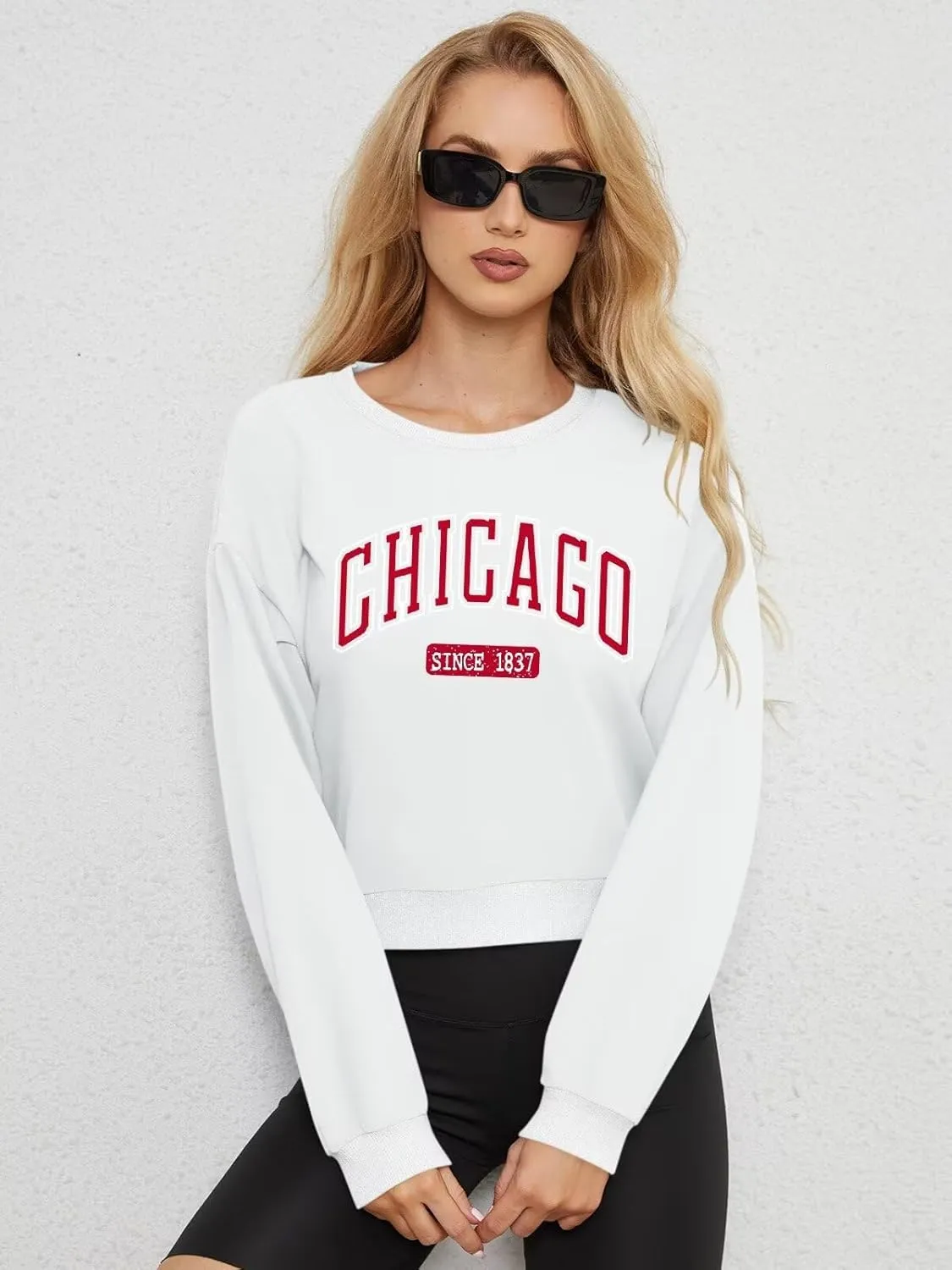 ORANDESIGNE Womens Cropped Letter Printed Sweatshirts Graphic Crewneck Long Sleeve Pullover Casual Loose Fit Tops
