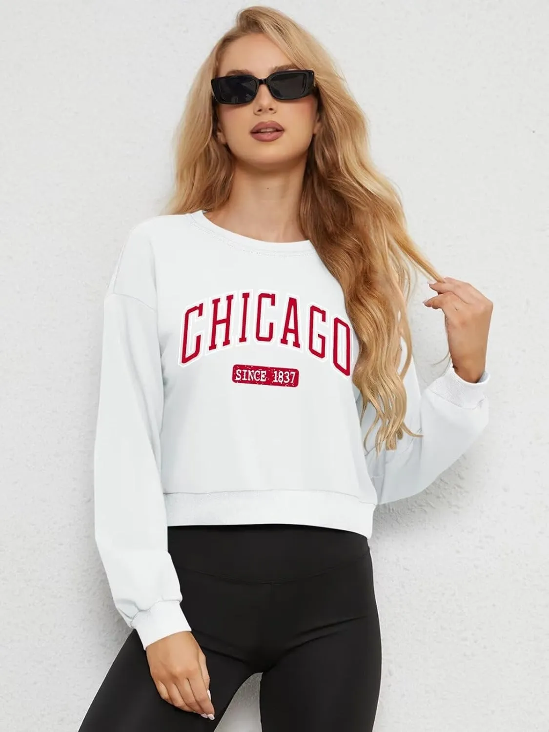 ORANDESIGNE Womens Cropped Letter Printed Sweatshirts Graphic Crewneck Long Sleeve Pullover Casual Loose Fit Tops