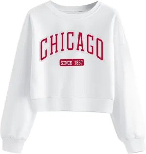 ORANDESIGNE Womens Cropped Letter Printed Sweatshirts Graphic Crewneck Long Sleeve Pullover Casual Loose Fit Tops