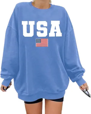 Oversized Usa Sweatshirt Women: Patriotic Tshirt 4th July Shirt Long Sleeve Casual Pullover Tops