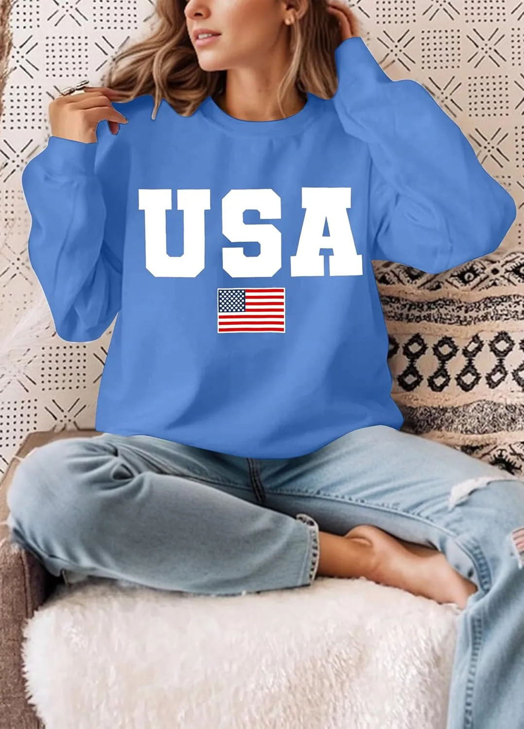 Oversized Usa Sweatshirt Women: Patriotic Tshirt 4th July Shirt Long Sleeve Casual Pullover Tops