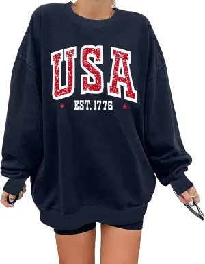 Oversized Usa Sweatshirt Women: Patriotic Tshirt 4th July Shirt Long Sleeve Casual Pullover Tops