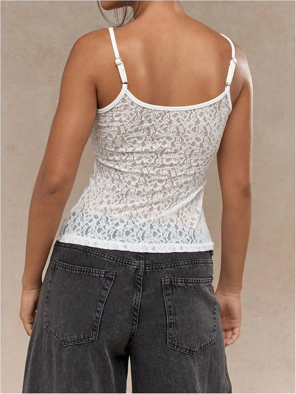 OYOANGLE Women's Lace Sheer Scoop Neck Cami Top Spaghetti Strap Tank Tops Slim Fitted Camisole