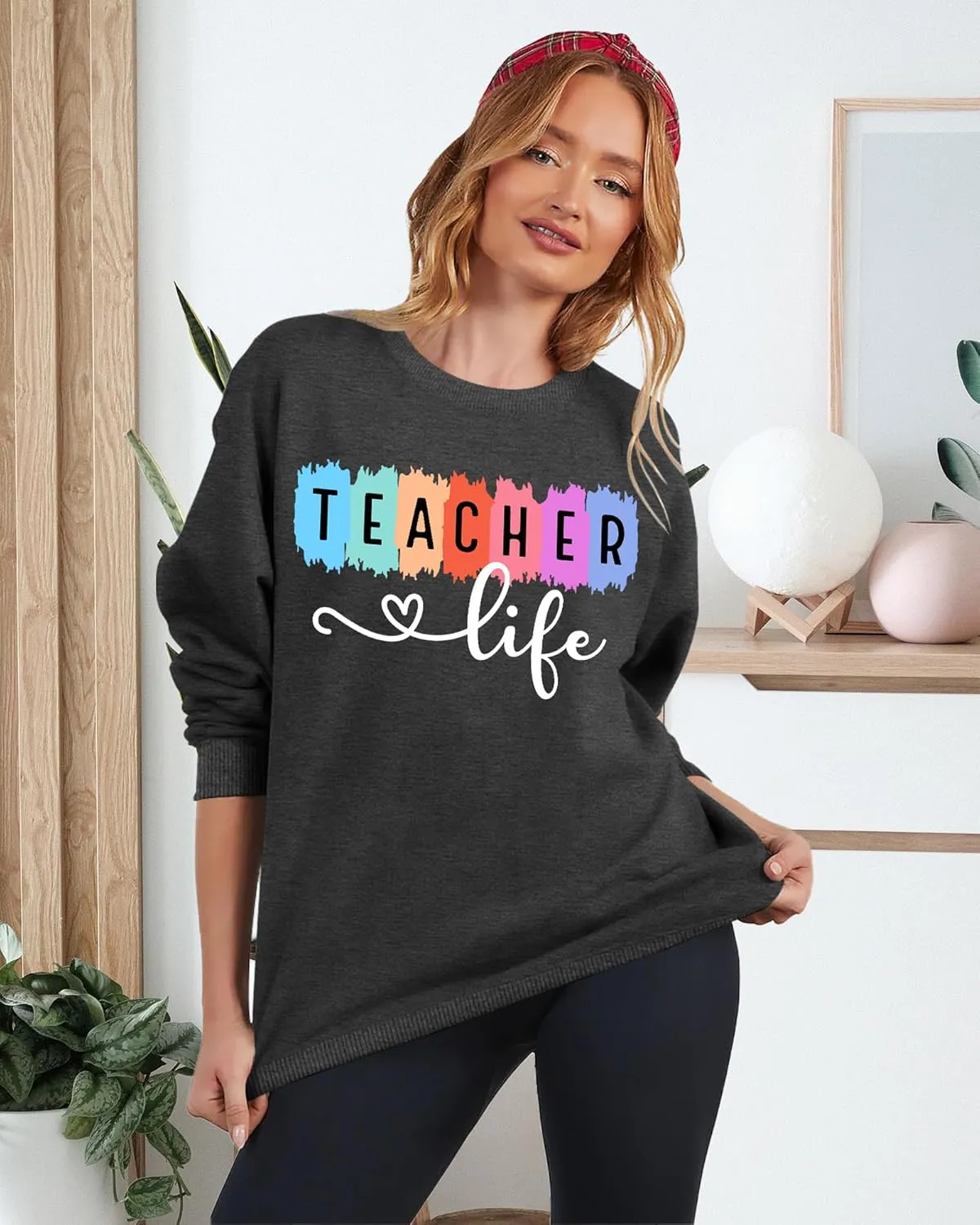 PECHAR Teacher Sweatshirt for Women: Colorful Teacher Crewneck Sweatshirt Teach Long Sleeve Pullover Shirt Tops