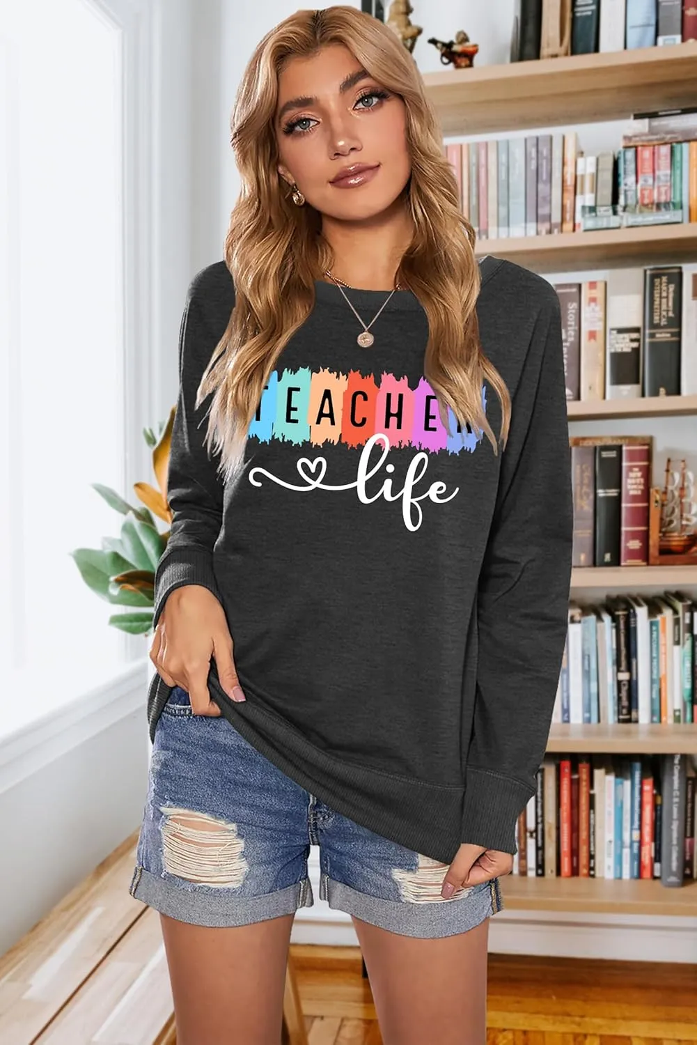 PECHAR Teacher Sweatshirt for Women: Colorful Teacher Crewneck Sweatshirt Teach Long Sleeve Pullover Shirt Tops