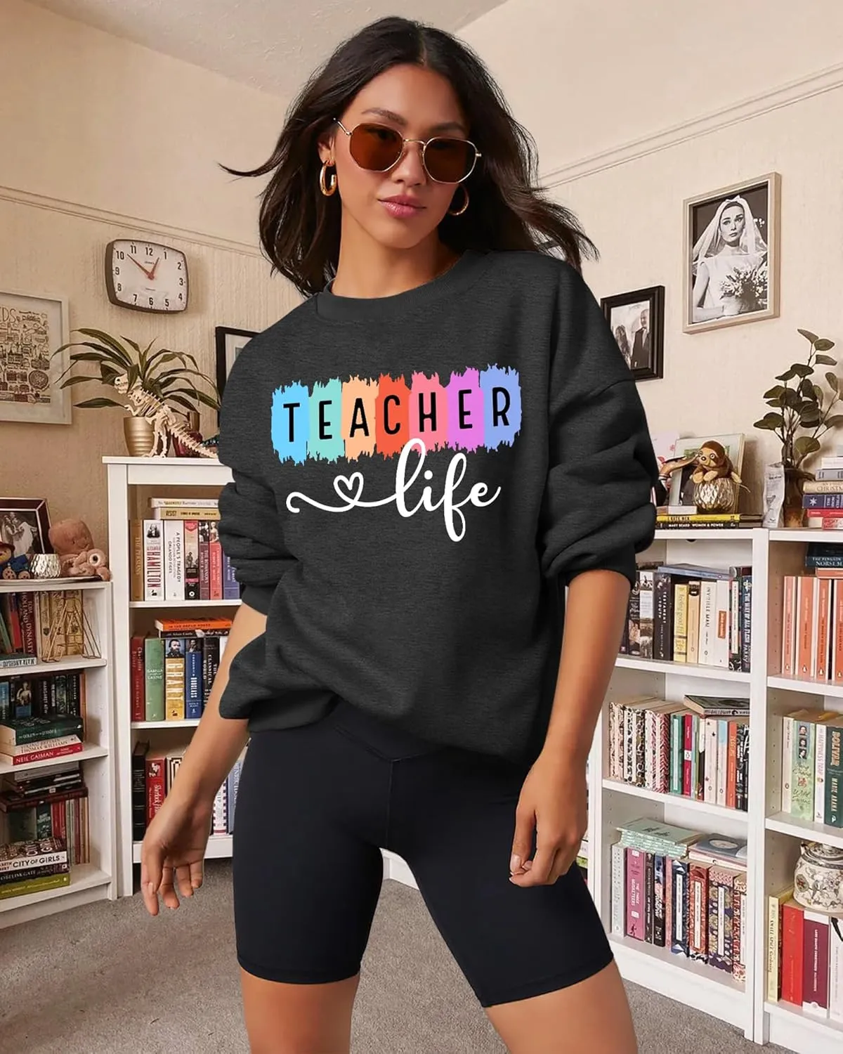 PECHAR Teacher Sweatshirt for Women: Colorful Teacher Crewneck Sweatshirt Teach Long Sleeve Pullover Shirt Tops