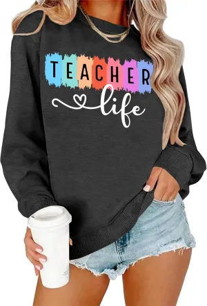 PECHAR Teacher Sweatshirt for Women: Colorful Teacher Crewneck Sweatshirt Teach Long Sleeve Pullover Shirt Tops