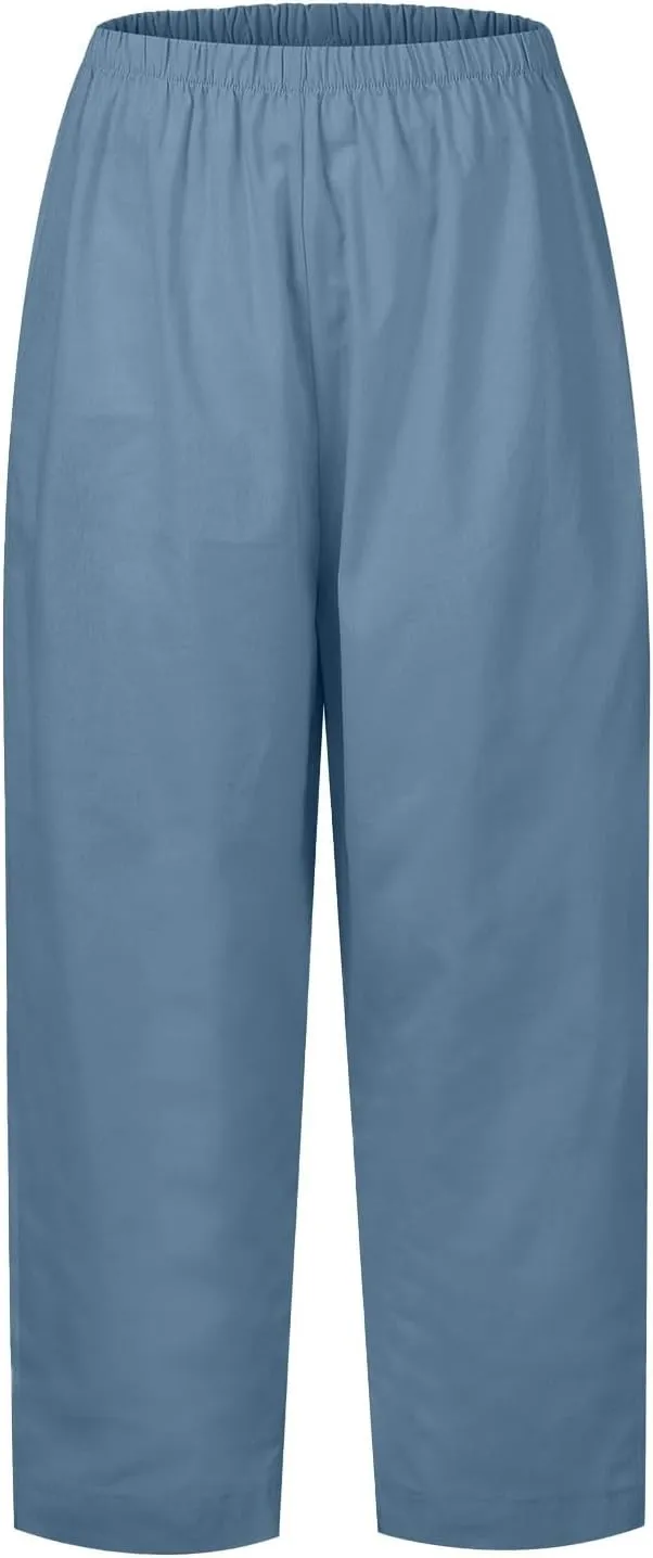 Plus Size Linen Cropped Pants for Women Summer Petite Lightweight Wide Leg Palazzo Elastic Waist Ladies Capri Pants