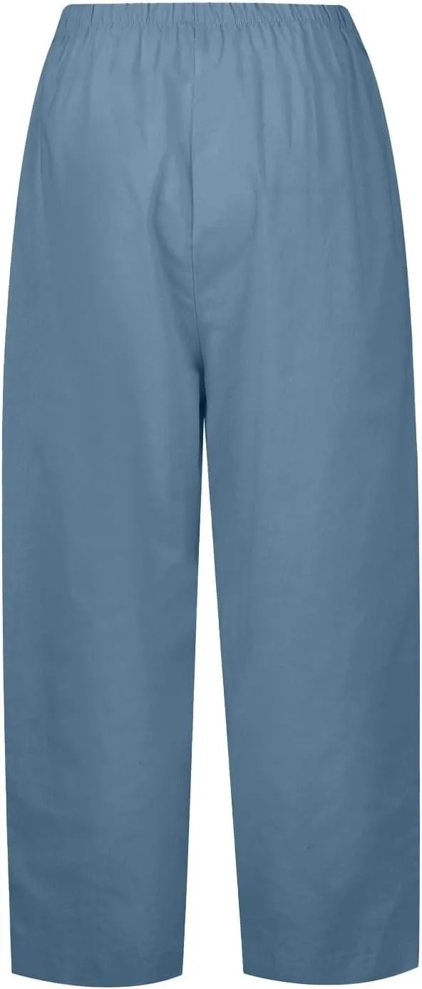 Plus Size Linen Cropped Pants for Women Summer Petite Lightweight Wide Leg Palazzo Elastic Waist Ladies Capri Pants