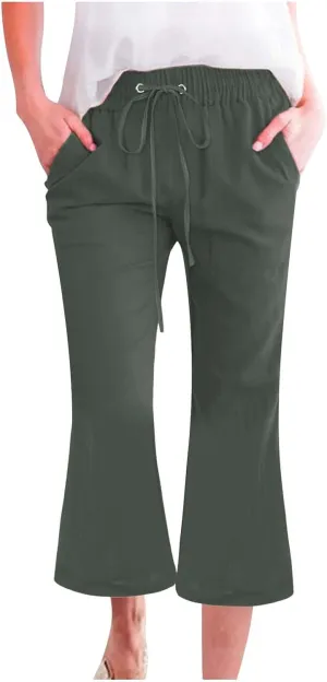 Pull On Linen Capris for Women Dressy Casual Stretch Lightweight Capri Elastic High Waist Lounge Pants 2025 Summer S-5X