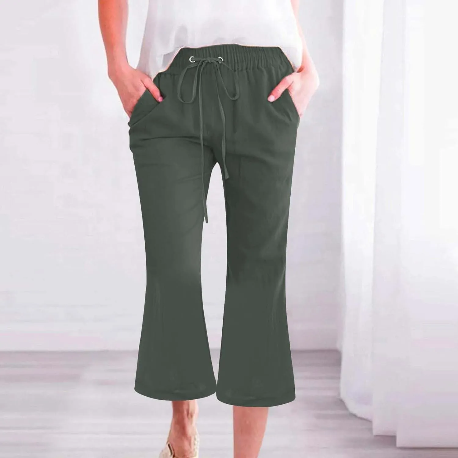 Pull On Linen Capris for Women Dressy Casual Stretch Lightweight Capri Elastic High Waist Lounge Pants 2025 Summer S-5X