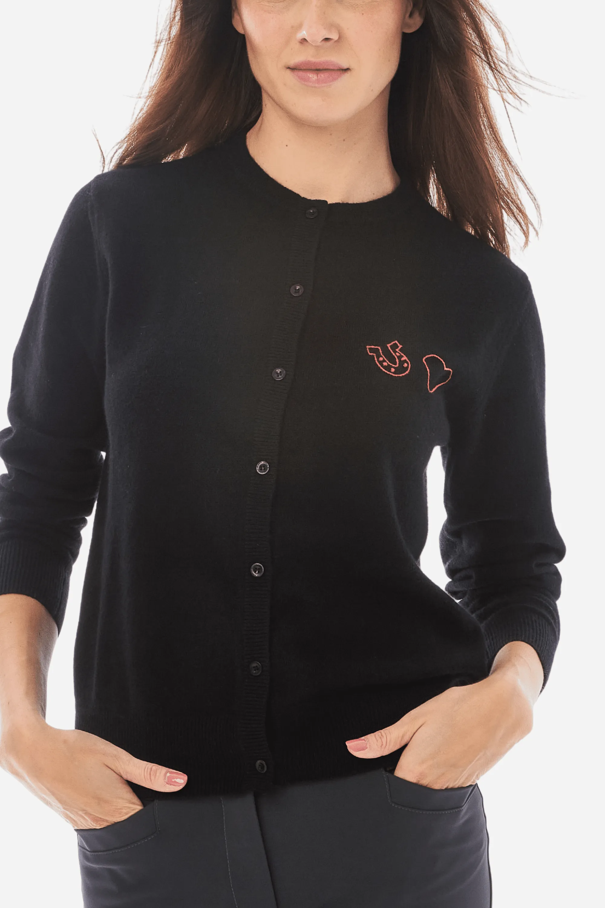 "Horse Love" Cardigan (a KAVAL Exclusive) - Black with Red Stitching