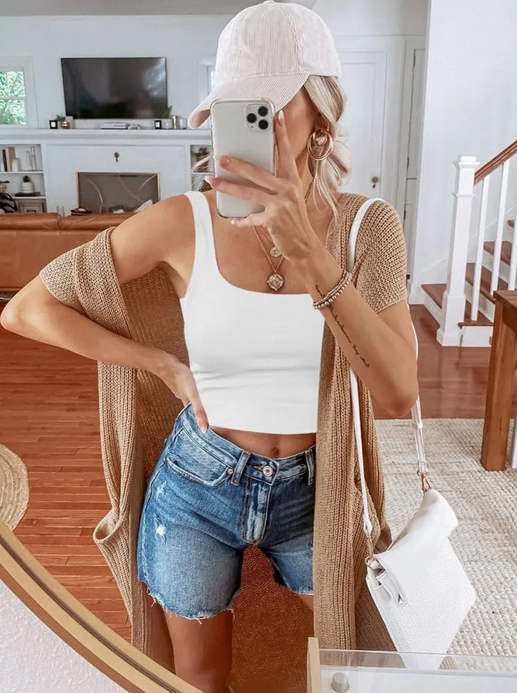 REORIA Womens Sexy Square Neck Double Lined Seamless Sleeveless Cropped Tank Yoga Crop Basic Tops