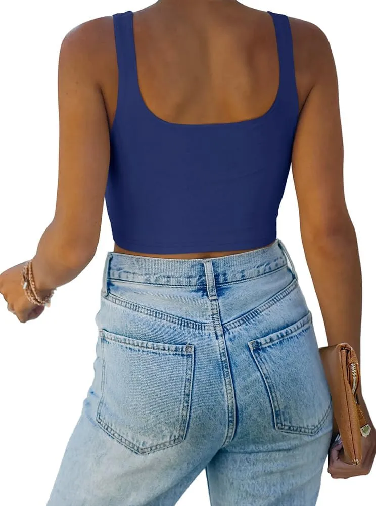 REORIA Womens Sexy Square Neck Double Lined Seamless Sleeveless Cropped Tank Yoga Crop Basic Tops
