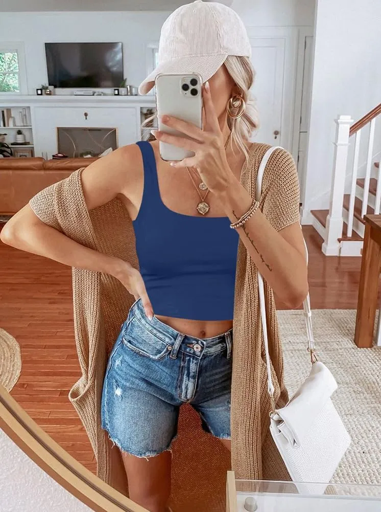REORIA Womens Sexy Square Neck Double Lined Seamless Sleeveless Cropped Tank Yoga Crop Basic Tops