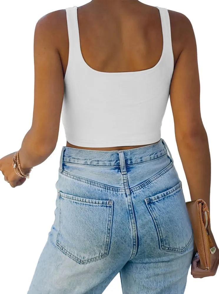 REORIA Womens Sexy Square Neck Double Lined Seamless Sleeveless Cropped Tank Yoga Crop Basic Tops