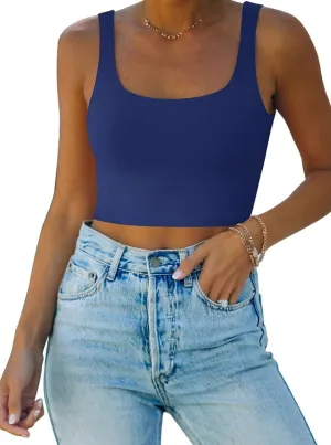 REORIA Womens Sexy Square Neck Double Lined Seamless Sleeveless Cropped Tank Yoga Crop Basic Tops