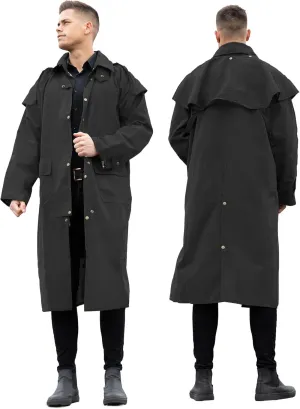 RESISTANCE Unisex Western Oilskin Waterproof Duster Coat, Workwear Black Brown Long Rain Coat With Brass Button And Pockets