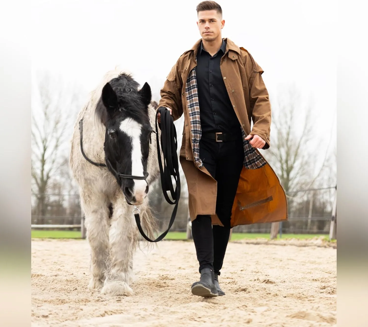 RESISTANCE Unisex Western Oilskin Waterproof Duster Coat, Workwear Black Brown Long Rain Coat With Brass Button And Pockets