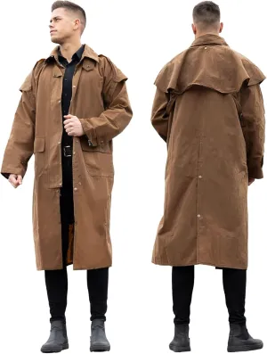 RESISTANCE Unisex Western Oilskin Waterproof Duster Coat, Workwear Black Brown Long Rain Coat With Brass Button And Pockets