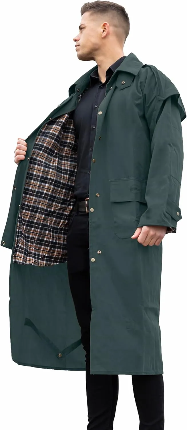 RESISTANCE Unisex Western Oilskin Waterproof Duster Coat, Workwear Black Brown Long Rain Coat With Brass Button And Pockets