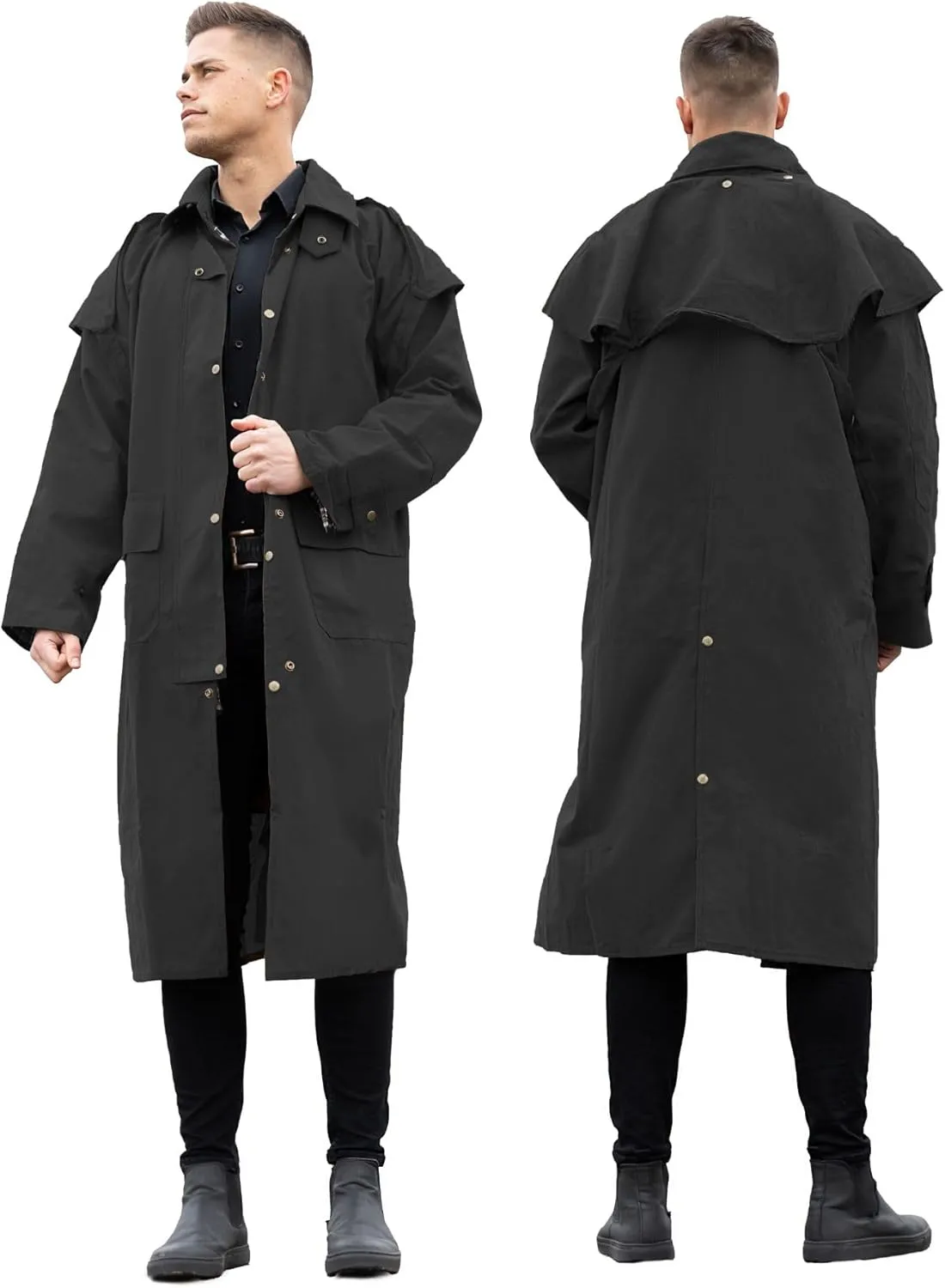 RESISTANCE Unisex Western Oilskin Waterproof Duster Coat, Workwear Black Brown Long Rain Coat With Brass Button And Pockets