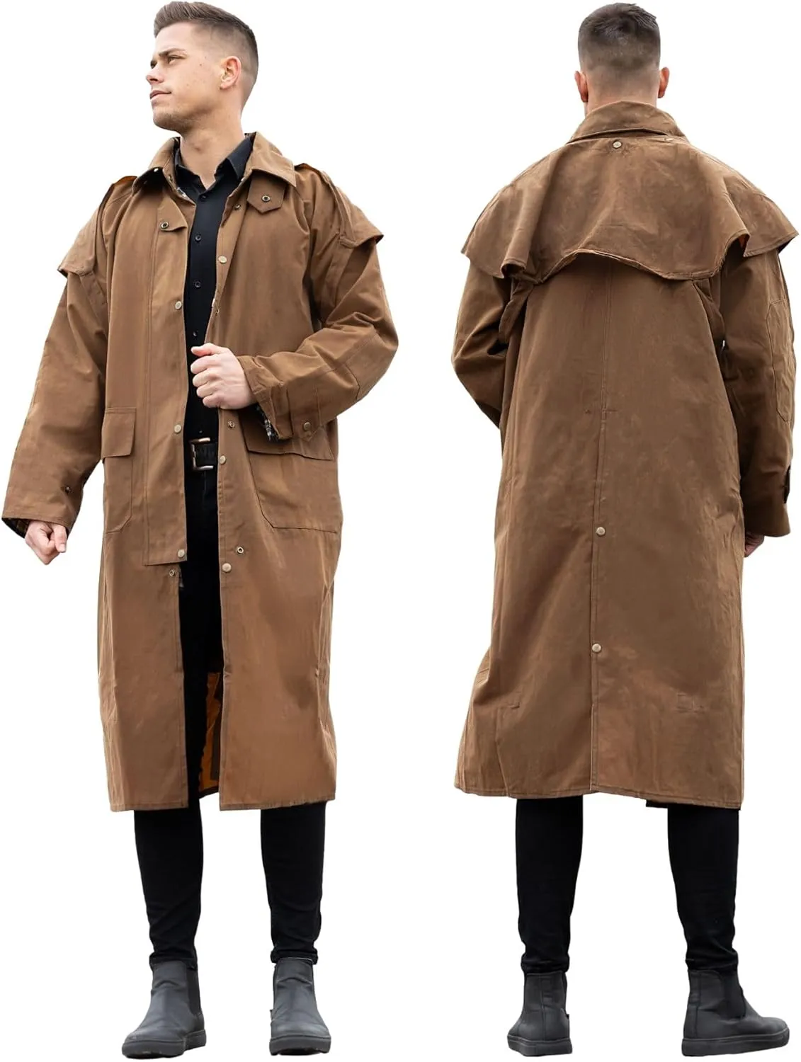 RESISTANCE Unisex Western Oilskin Waterproof Duster Coat, Workwear Black Brown Long Rain Coat With Brass Button And Pockets