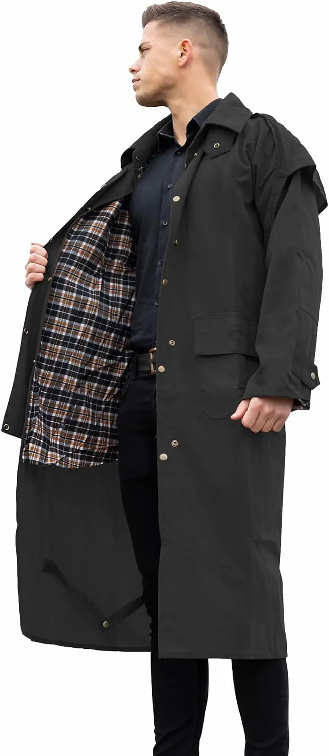 RESISTANCE Unisex Western Oilskin Waterproof Duster Coat, Workwear Black Brown Long Rain Coat With Brass Button And Pockets