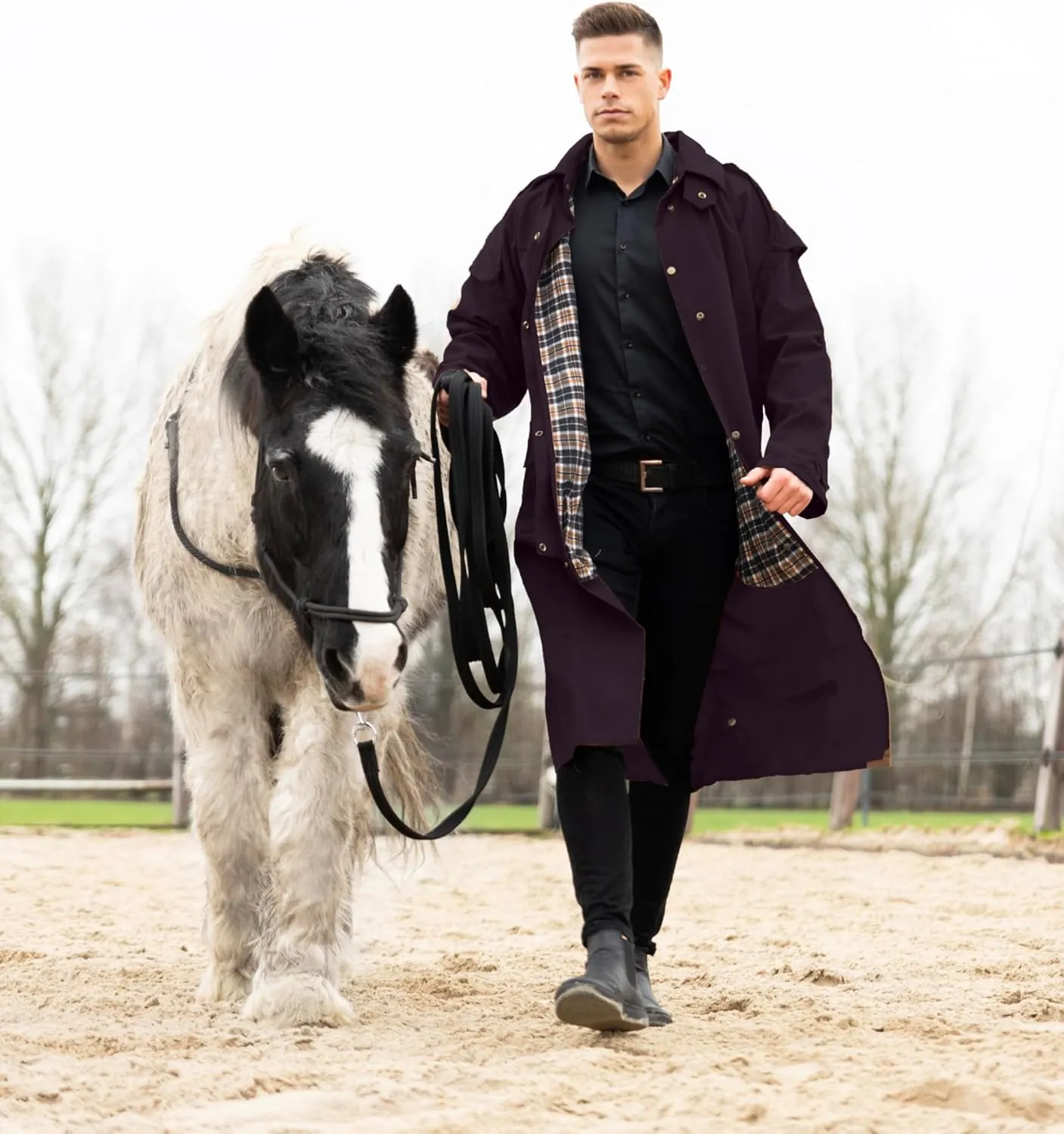 RESISTANCE Unisex Western Oilskin Waterproof Duster Coat, Workwear Black Brown Long Rain Coat With Brass Button And Pockets