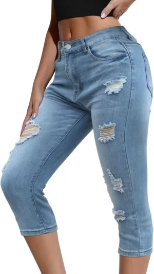 Ripped Capri Jeans for Women Distressed Skinny Denim Capris Jeggings Stretch Slim Fit High Waisted Cropped Pants