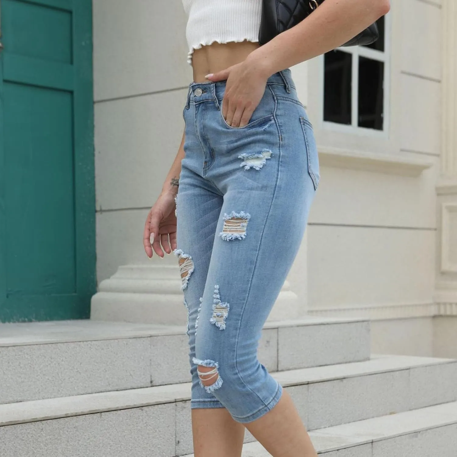 Ripped Capri Jeans for Women Distressed Skinny Denim Capris Jeggings Stretch Slim Fit High Waisted Cropped Pants