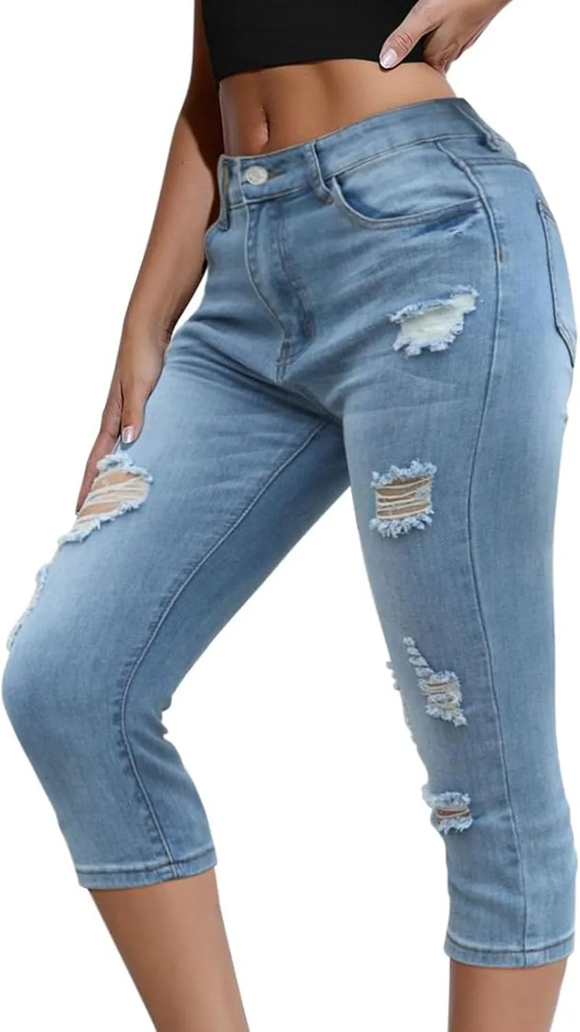 Ripped Capri Jeans for Women Distressed Skinny Denim Capris Jeggings Stretch Slim Fit High Waisted Cropped Pants
