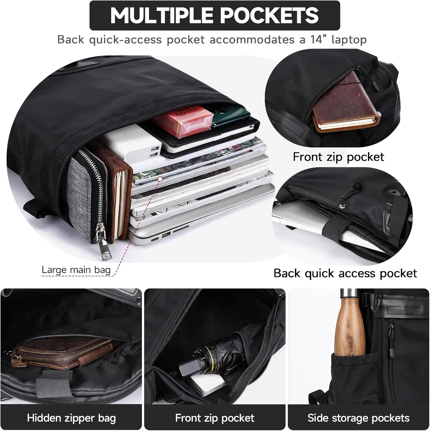 Rolltop Backpack for Men Waterproof, Travel Backpack Expandable with 14 Laptop Compartment Casual Daypack Bag for Hiking Outdoor College Work Daily (Black)