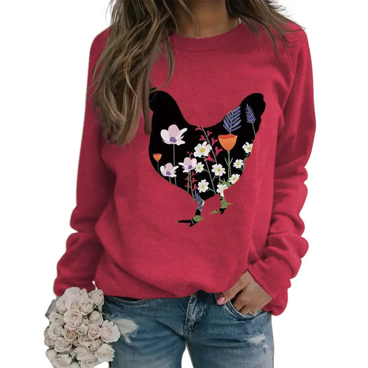 Rooster Printed Loose Round Neck Casual Long Sleeve Oversize Sweater
