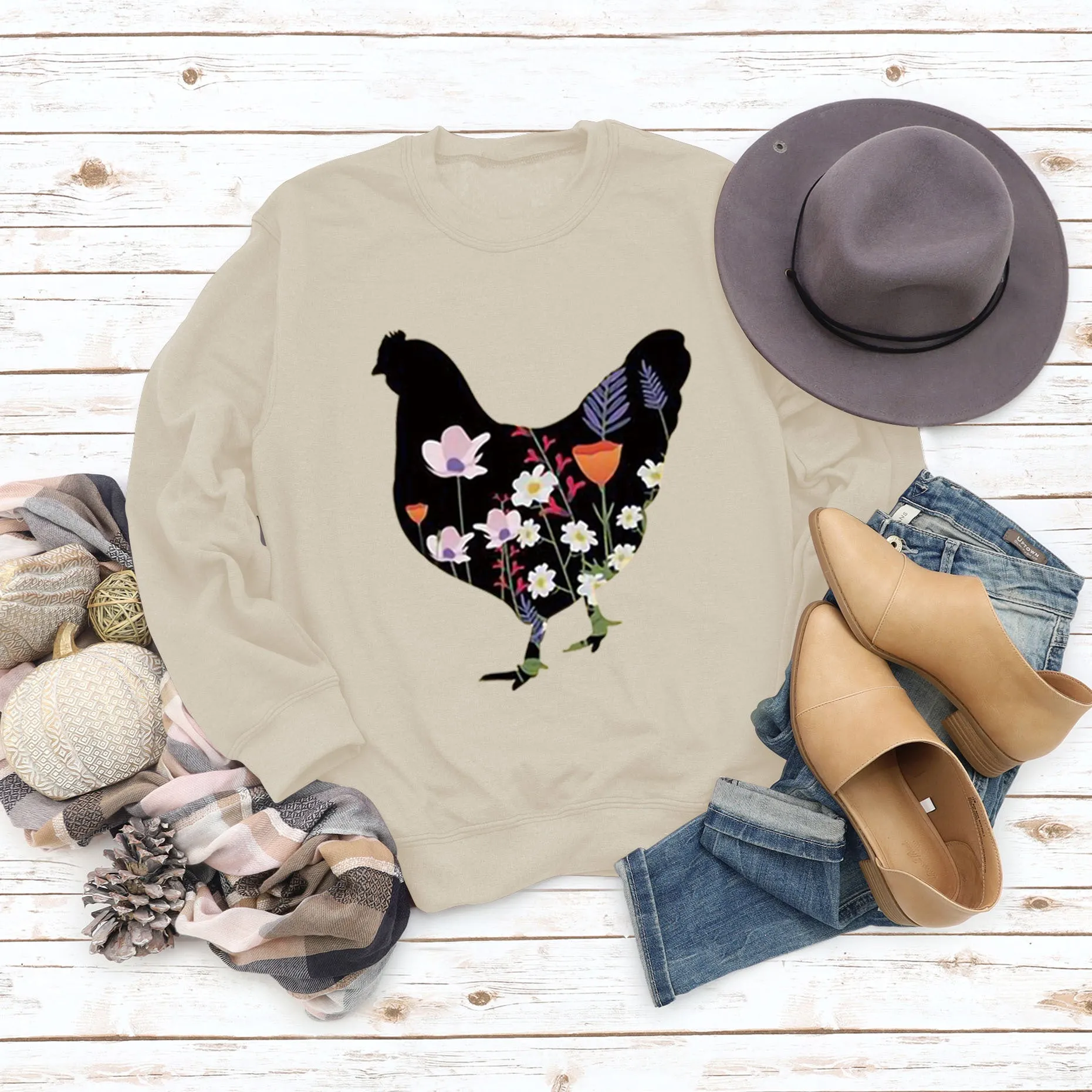 Rooster Printed Loose Round Neck Casual Long Sleeve Oversize Sweater