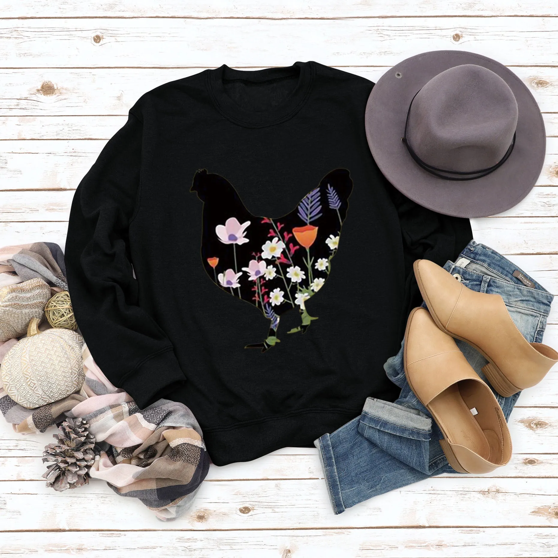 Rooster Printed Loose Round Neck Casual Long Sleeve Oversize Sweater