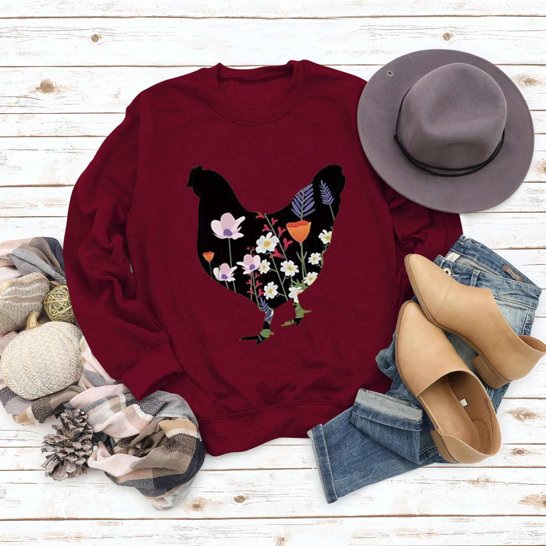 Rooster Printed Loose Round Neck Casual Long Sleeve Oversize Sweater
