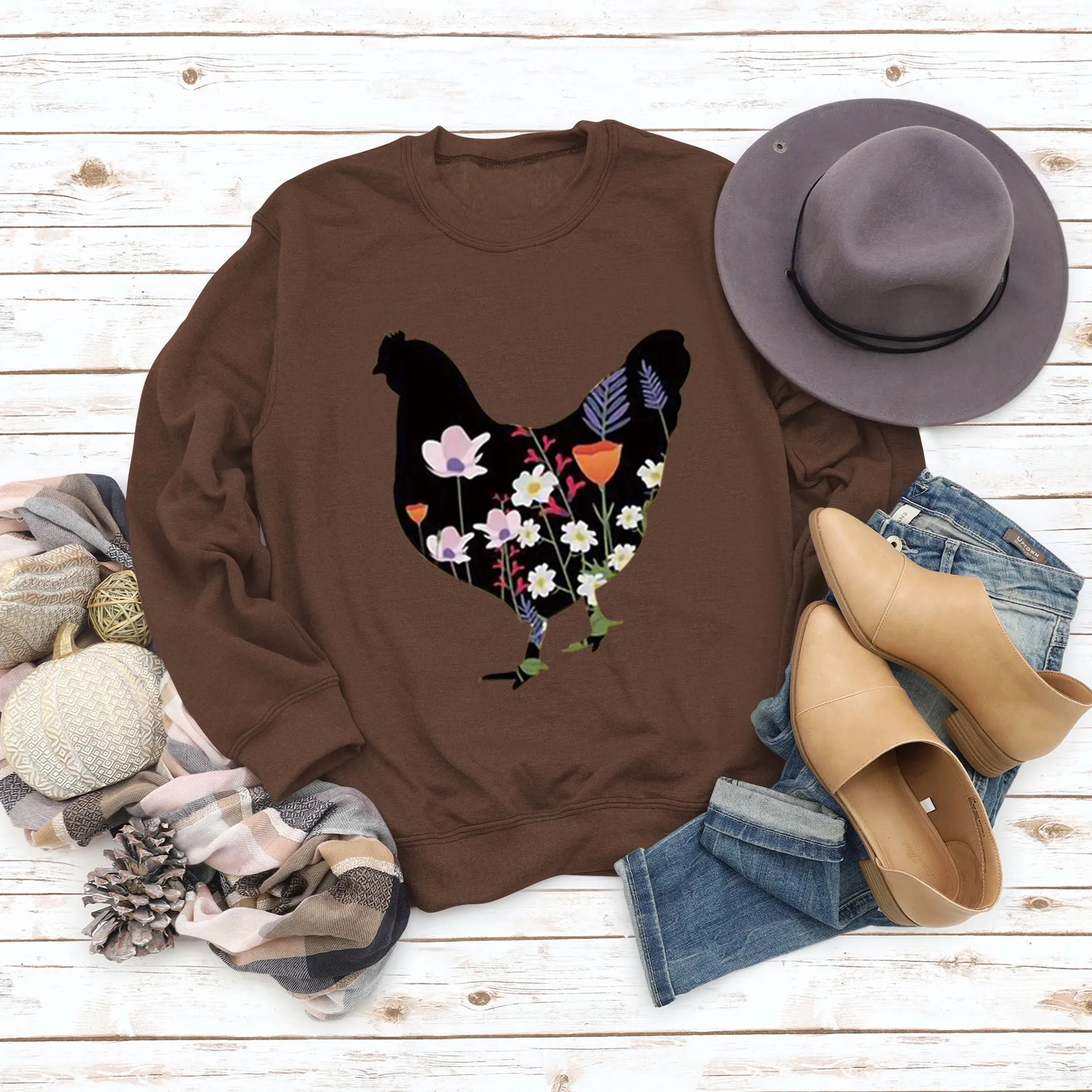 Rooster Printed Loose Round Neck Casual Long Sleeve Oversize Sweater