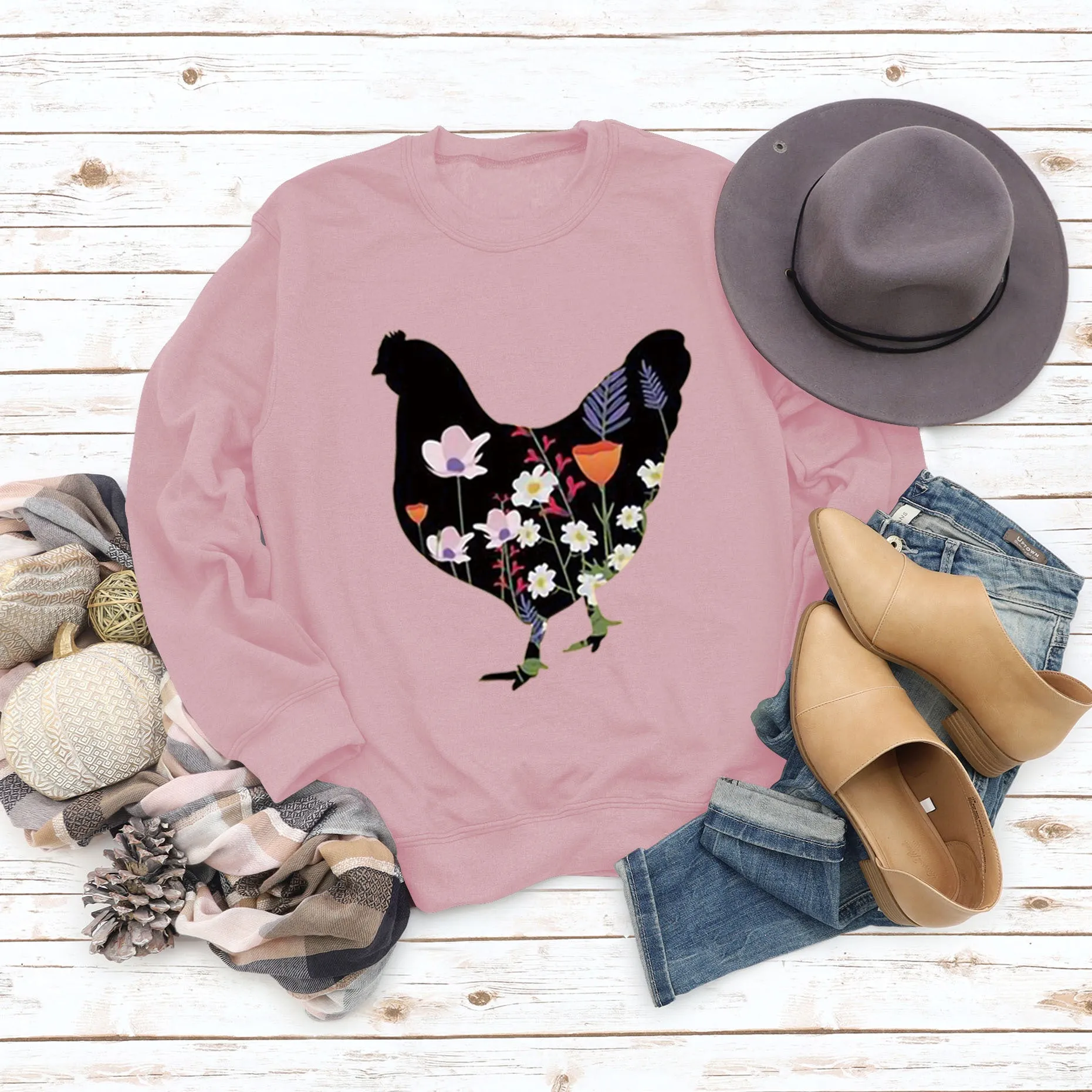 Rooster Printed Loose Round Neck Casual Long Sleeve Oversize Sweater