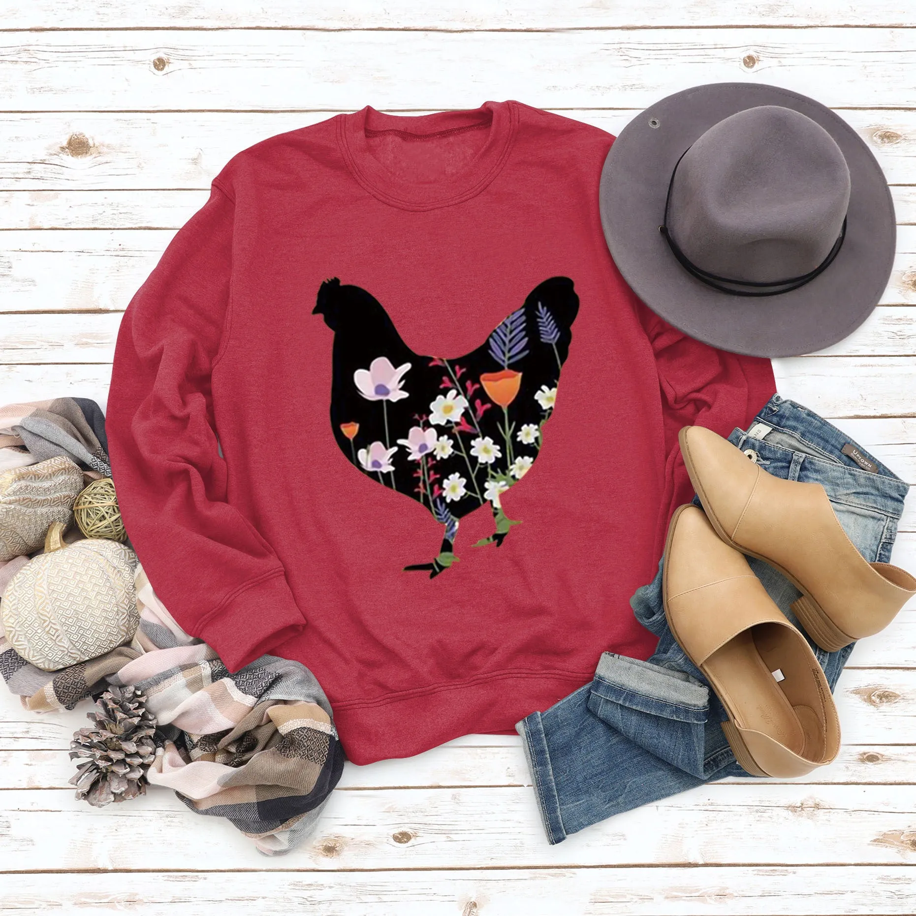 Rooster Printed Loose Round Neck Casual Long Sleeve Oversize Sweater