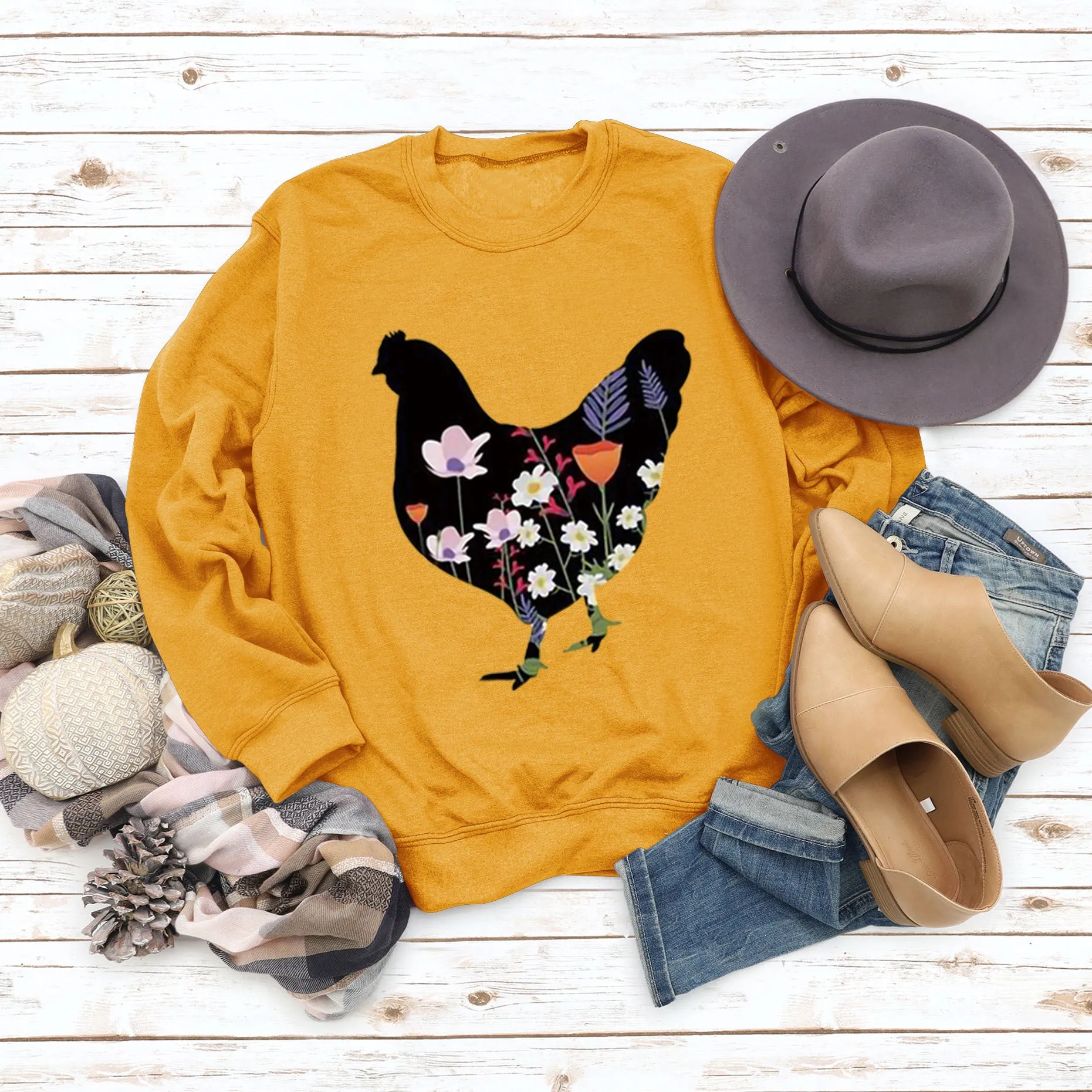 Rooster Printed Loose Round Neck Casual Long Sleeve Oversize Sweater