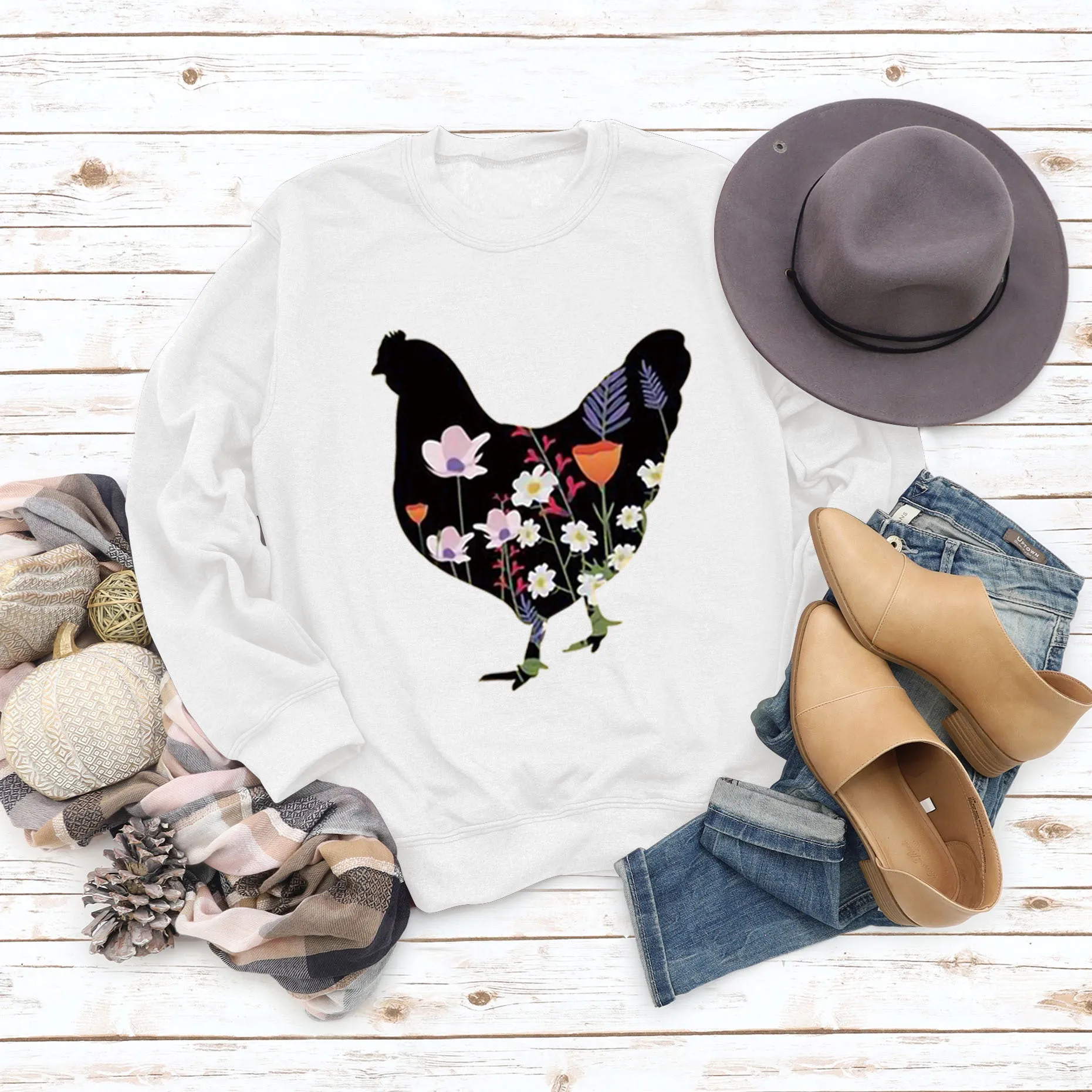 Rooster Printed Loose Round Neck Casual Long Sleeve Oversize Sweater