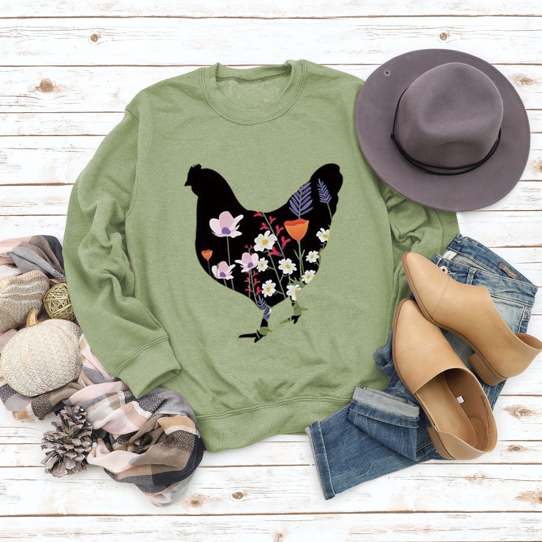 Rooster Printed Loose Round Neck Casual Long Sleeve Oversize Sweater